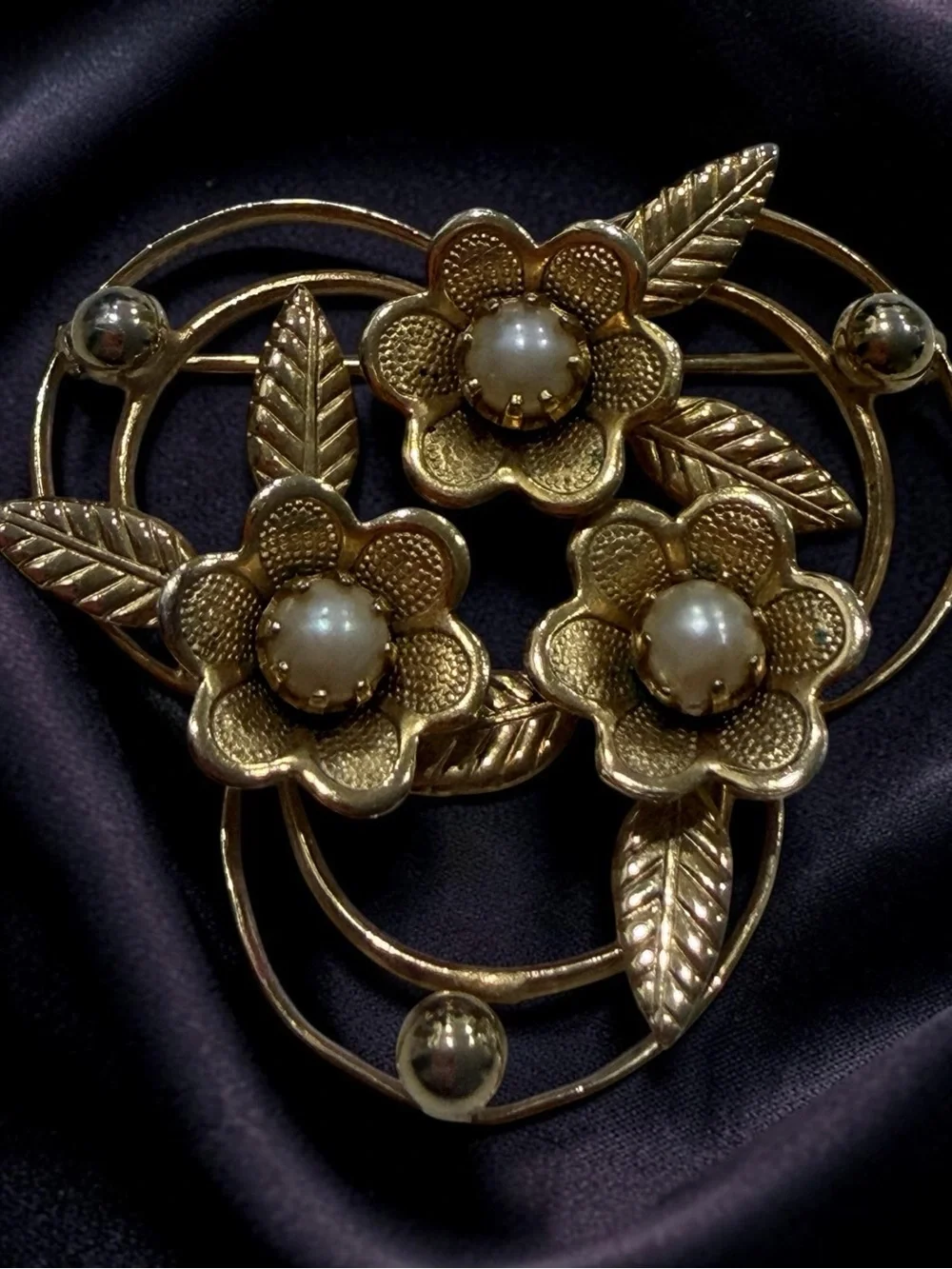 Gold Floral Faux Pearl-Accent Brooch